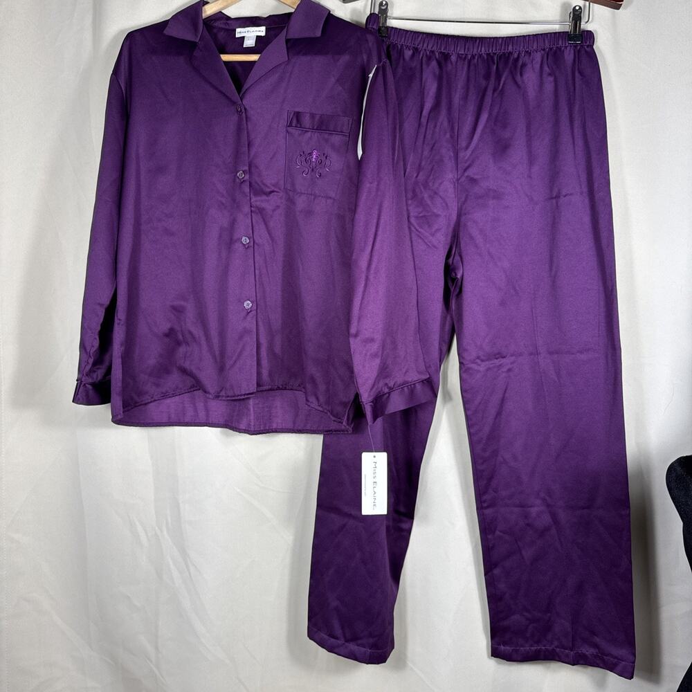 Miss Elaine Womens Large Purple Pajama Set NWT 2 Piece Embroidered Button Front